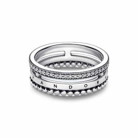 Bague Pandora Signature Pavé & Motifs Perlés en argent, taille 56