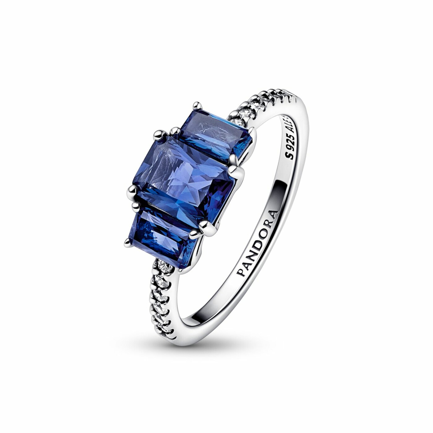 Bague Pandora Timeless Scintillante Trio De Pierres Rectangulaires Bleues en argent, taille 52