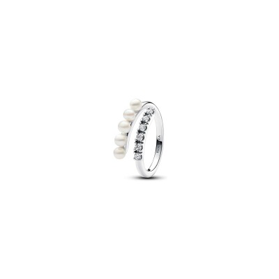 Bague Pandora Ouverte en argent, perle d'eau douce et oxyde de zirconium, taille 52