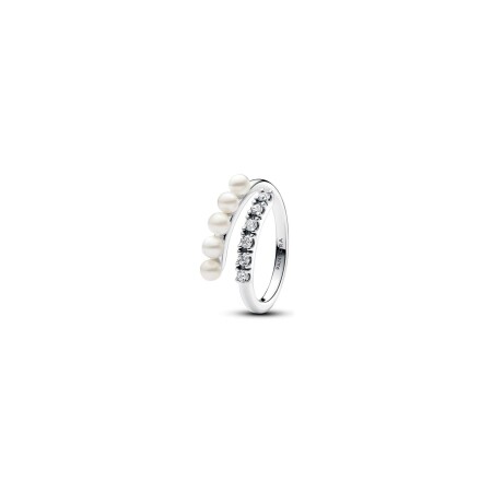 Bague Pandora Ouverte en argent, perle d'eau douce et oxyde de zirconium, taille 54