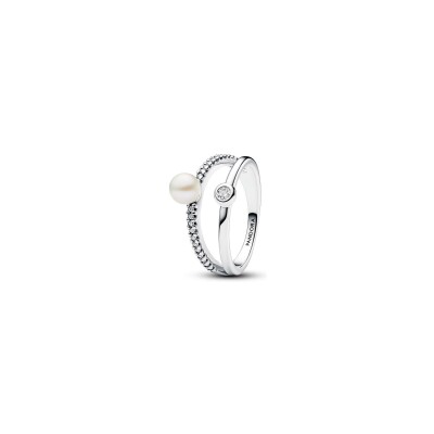 Bague Pandora Double en argent, perle d'eau douce et oxyde de zirconium, taille 56