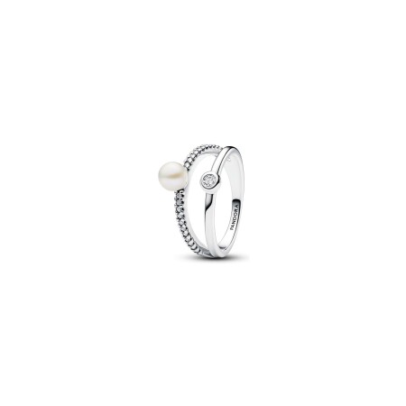 Bague Pandora Double en argent, perle d'eau douce et oxyde de zirconium, taille 54