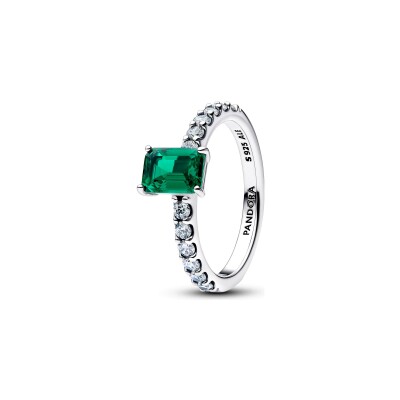 Bague Pandora Timeless Halo Vert Scintillant Rectangulaire en argent et oxydes de zirconium, taille 52