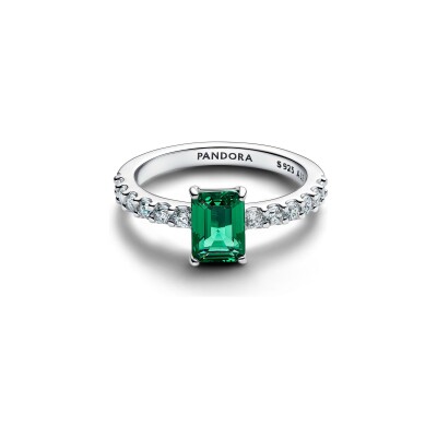 Bague Pandora Timeless Halo Vert Scintillant Rectangulaire en argent et oxydes de zirconium, taille 52