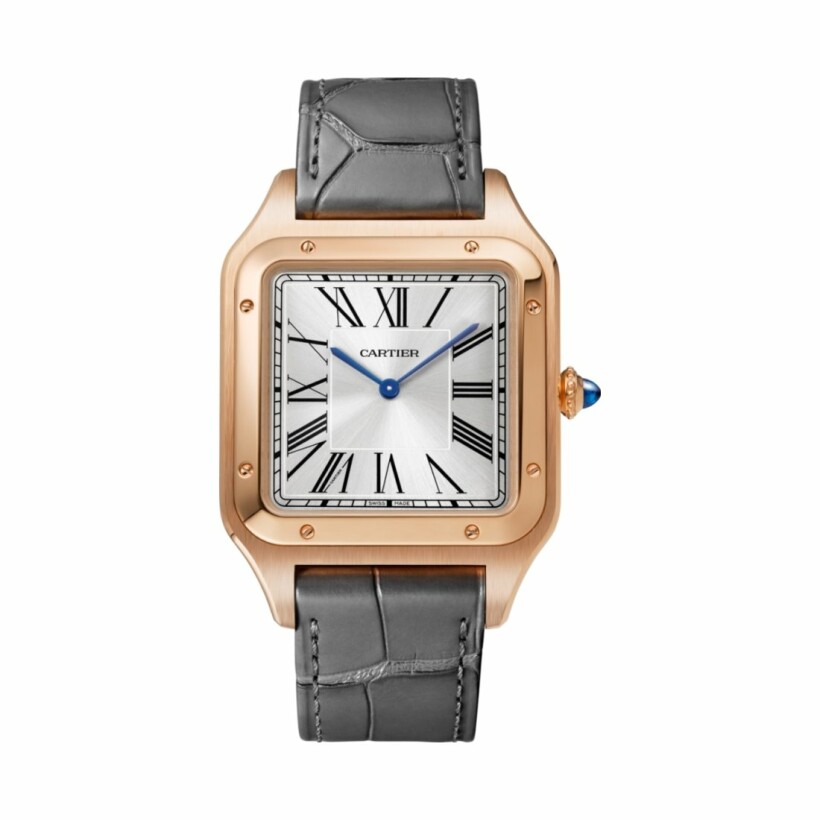 Santos-Dumont watch, Extra-large model, hand-wound mechanical movement, rose gold, leather