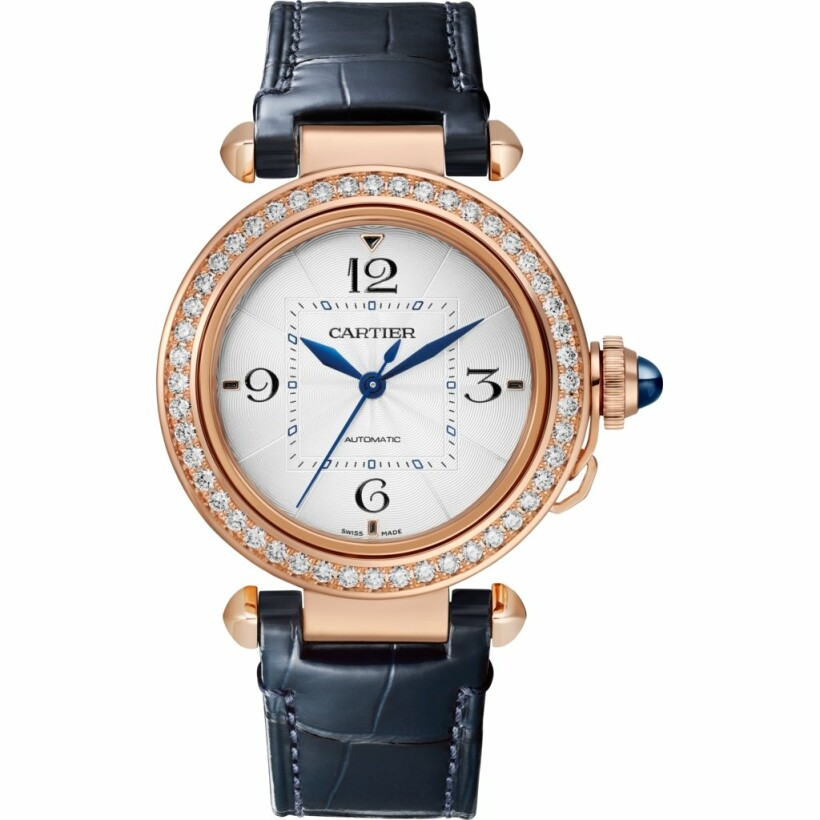 Pasha de Cartier watch, 35 mm, automatic movement, rose gold, diamonds, 2 interchangeable leather straps