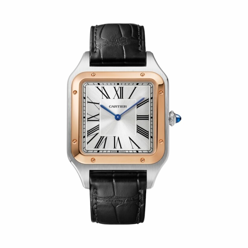 Santos-Dumont watch, Extra-large model, hand-wound mechanical movement, rose gold, steel, leather