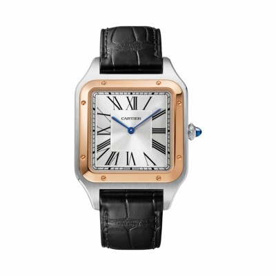 Montre Santos-Dumont, Modèle extra-large, mouvement mécanique manuel, or rose, acier, cuir