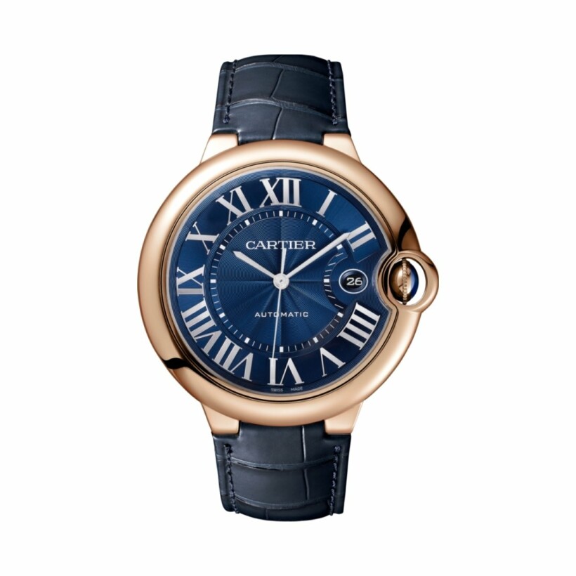 Ballon Bleu de Cartier watch, 42mm, automatic movement, rose gold, leather