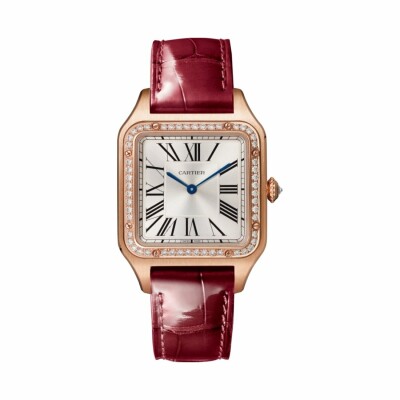 Montre Santos-Dumont Grand modèle, mouvement quartz, or rose, diamants, cuir