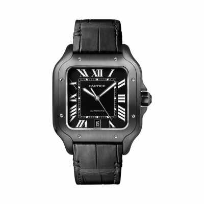 Santos de Cartier watch, Large model, automatic movement, steel, ADLC, interchangeable rubber and leather bracelets