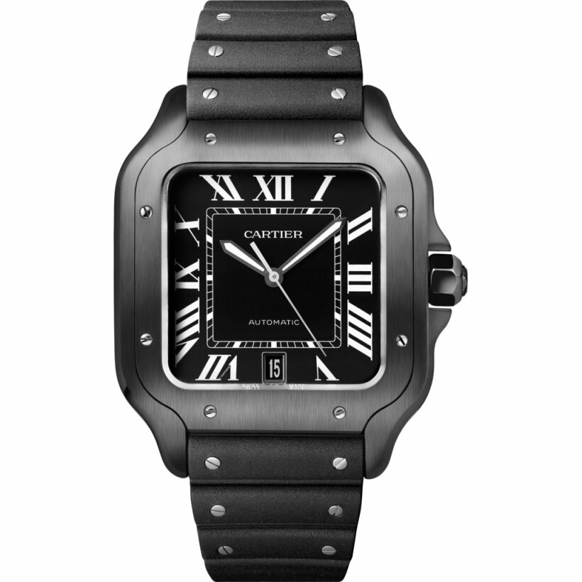 Santos de Cartier watch, Large model, automatic movement, steel, ADLC, interchangeable rubber and leather bracelets