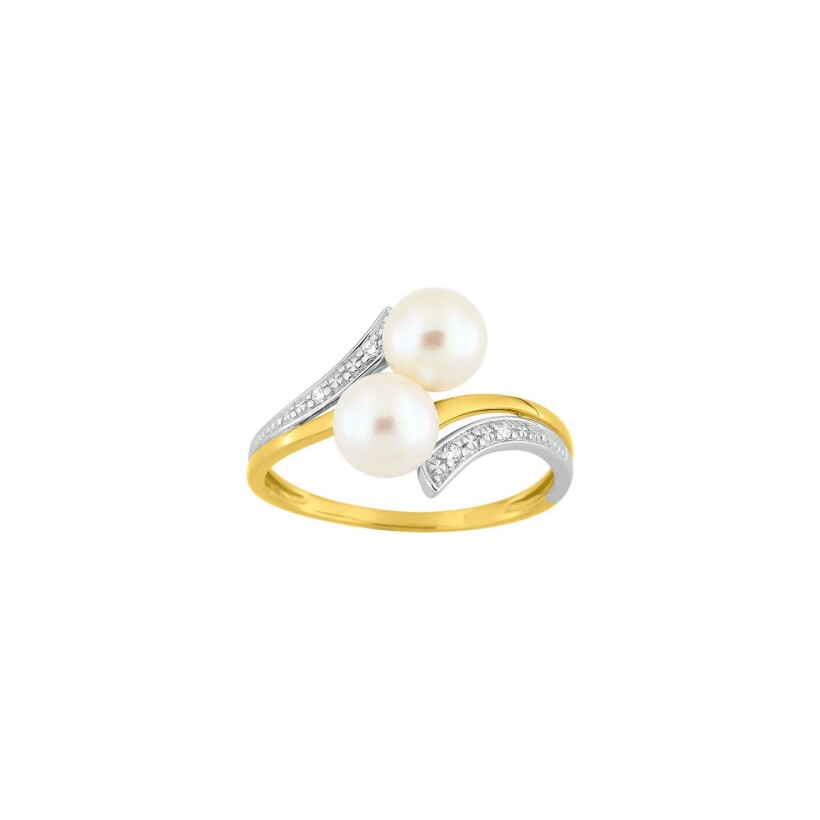 Bague en or jaune rhodié, oxyde de zirconium et perles