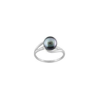 Bague en or blanc, perle de Tahiti et oxyde de zirconium