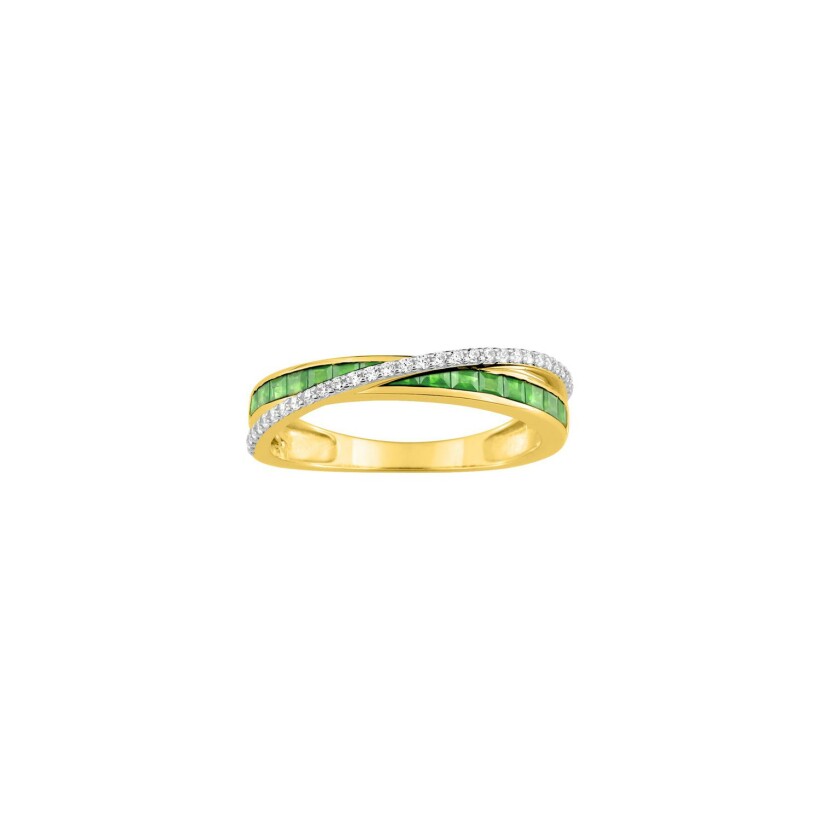 Bague en or jaune rhodié, oxyde de zirconium et émeraudes