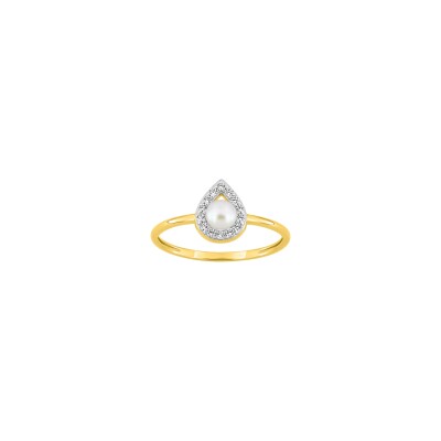Bague en or jaune perle de culture 4mm et oxyde de zirconium