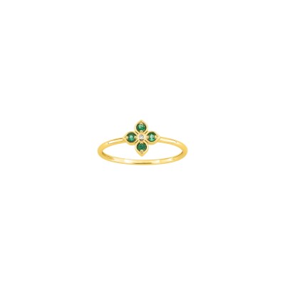 Bague en or jaune, diamant 0.01ct et émeraude