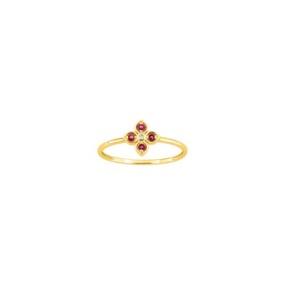 Bague en or jaune, diamant 0.01ct et rubis