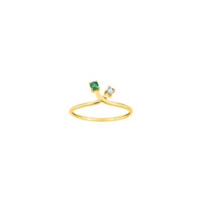 Bague en or jaune, diamant 0.01ct et émeraude