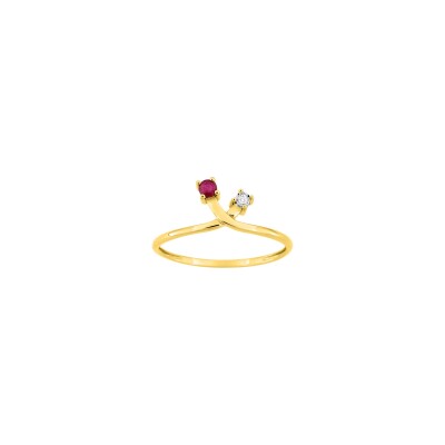 Bague en or jaune, diamant 0.01ct et rubis