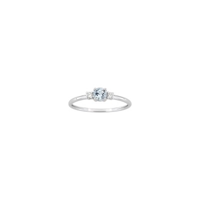 Bague en or blanc, diamant 0.06ct et aigue-marine