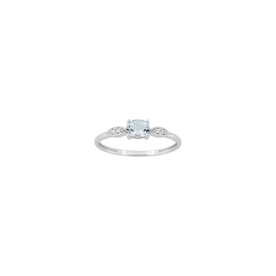 Bague en or blanc, diamant 0.02ct et aigue-marine