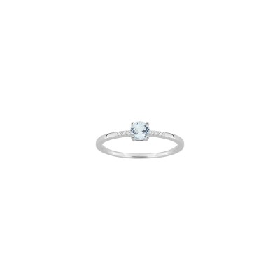 Bague en or blanc, diamant 0.03c  et aigue-marine