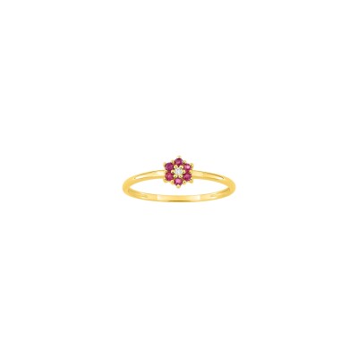 Bague en or jaune, diamant 0.01ct et rubis