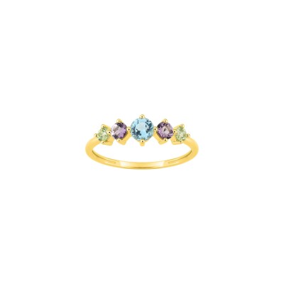 Bague en or jaune, topaze bleue, améthyste et péridot