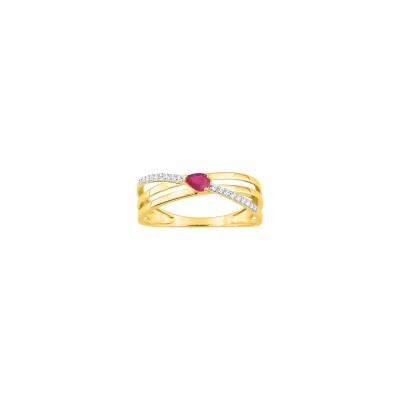 Bague en or jaune, oxyde de zirconium et rubis