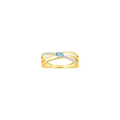 Bague en or jaune, oxyde de zirconium et topaze bleue