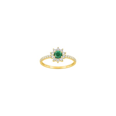 Bague en or jaune, oxyde de zirconium et émeraude