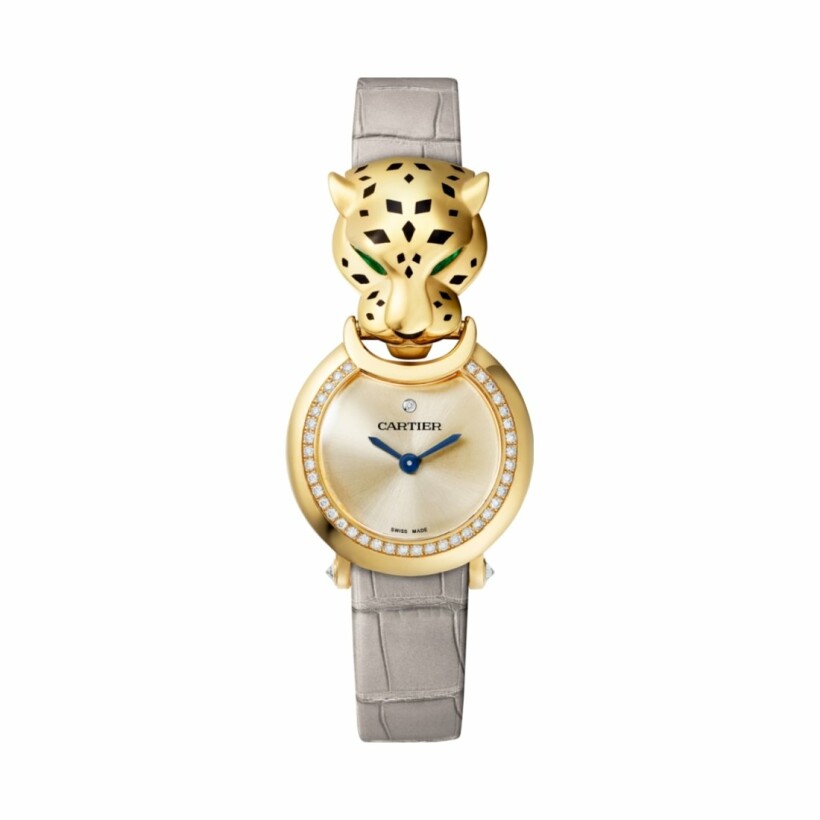 La Panthère watch<br/>, 22 mm, quartz, yellow gold, diamonds, tsavorites, lacquer, leather