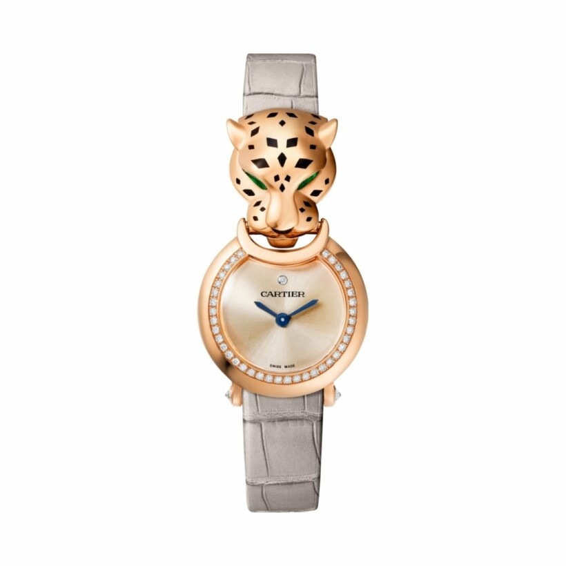 La Panthère watch, small model, quartz movement, rose gold, diamonds, leather