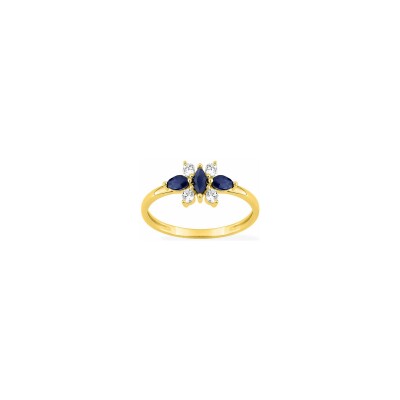 Bague en or jaune et saphir et oxyde de zirconium
