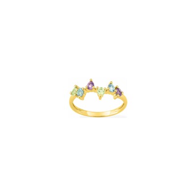 Bague en or jaune et topaze bleue traitée, améthyste et péridot