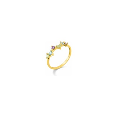 Bague en or jaune et topaze bleue traitée, améthyste et péridot