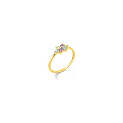 Bague en or jaune et topaze bleue traitée, améthyste et péridot