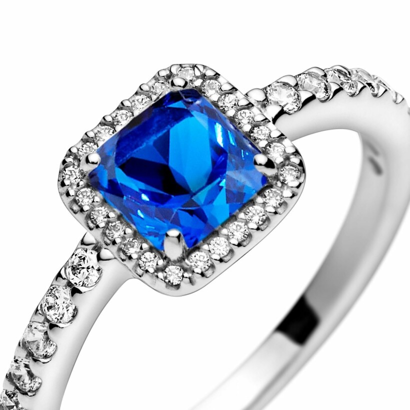 Bague Pandora Timeless halo scintillant carré bleu en argent et oxyde de zirconium et cristal, taille 56