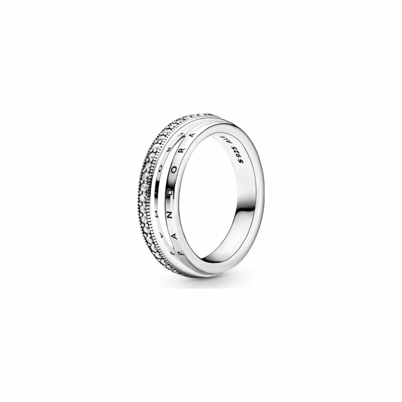 Bague Pandora Signature pavé anneau triple en argent et oxyde de zirconium, taille 52