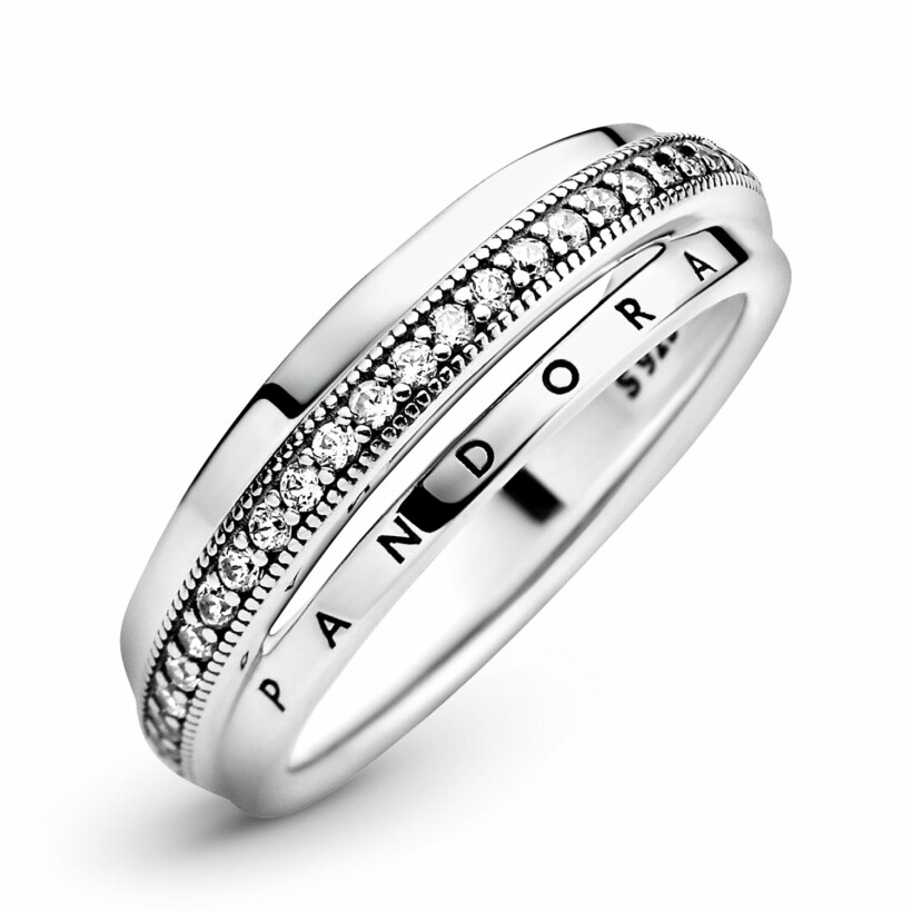 Bague Pandora Signature pavé anneau triple en argent et oxyde de zirconium, taille 58