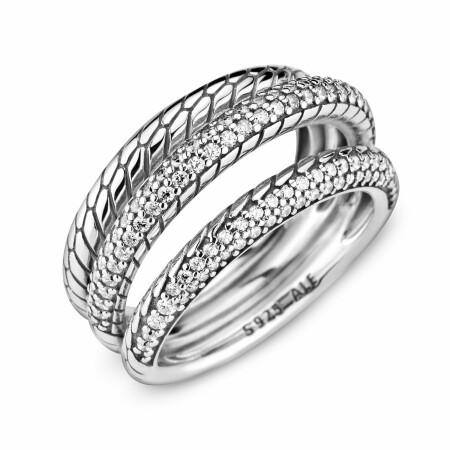 Bague Pandora Icons triple anneau motif maille serpent pavé en argent et oxyde de zirconium, taille 58