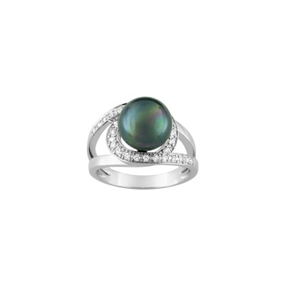Bague en or blanc, diamant et perle de Tahiti