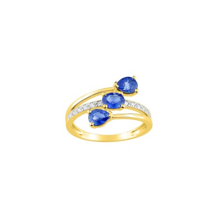 Bague en or jaune, rhodium, saphirs et diamants