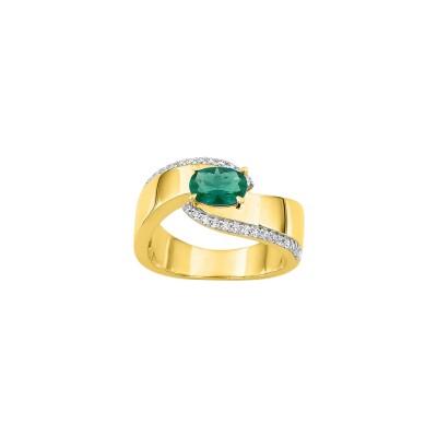 Bague en or jaune, émeraude et diamant