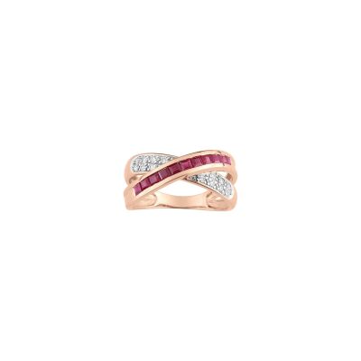 Bague en or rose, diamant 0.14ct et rubis
