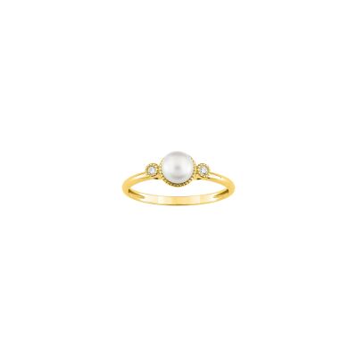 Bague en or jaune, diamant 0.03ct et perle de culture