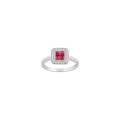 Bague en or blanc, oxyde de zirconium et rubis