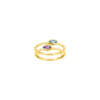 Bague en or jaune, améthyste et topaze bleue