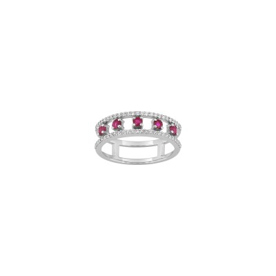 Bague en or blanc, oxyde de zirconium et rubis